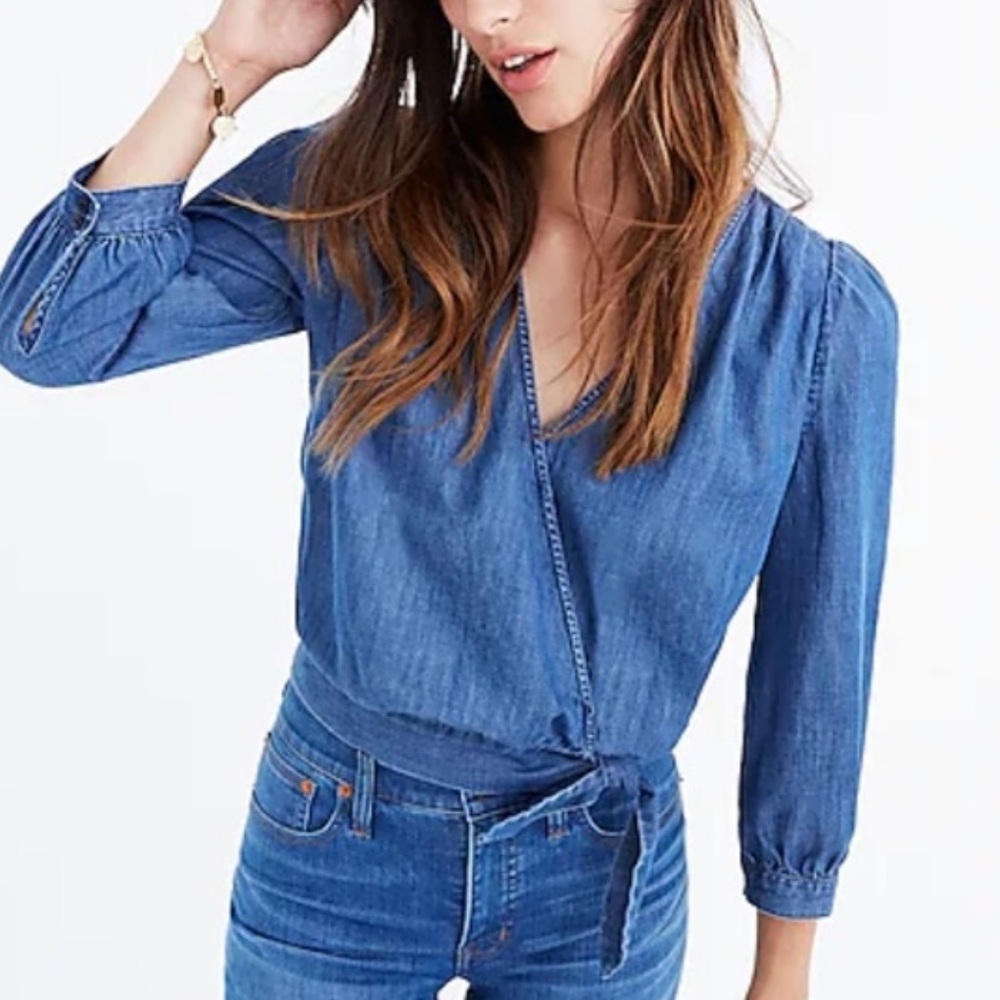 Madewell Long Sleeve Denim Wrap Top, Size Medium